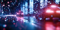 Abstract futuristic cityscape with glowing red and blue lights, bokeh effects, and light trails creating dynamic urban nightscape atmosphere with reflective surfaces.