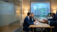 Cybersecurity professional presenting firewall network protection strategy to business team in modern office meeting room with digital interface overlay.