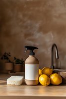 Natural cleaning supplies with fresh lemons and eco-friendly spray bottle on wooden counter. Brown textured wall background creates minimalist kitchen scene.