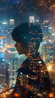 Silhouette of young Asian man against night cityscape with double exposure effect, glowing bokeh lights and urban buildings creating dreamy atmosphere.