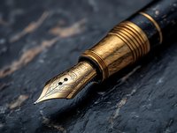 Luxury fountain pen with ornate gold nib on dark textured background, dramatic lighting highlights metallic details and craftsmanship. Suitable for business concepts.