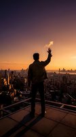 Silhouetted male entrepreneur reaching toward glowing upward arrow above cityscape at sunset, symbolizing business growth, success, and financial ambition in urban setting.