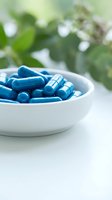 Blue capsules and pills in white ceramic bowl on clean surface with soft green plant background for healthcare and wellness concepts.