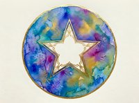 Watercolor rainbow circle with golden star cutout on white background, isolated design element for creative projects and decorative applications.