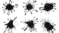 Black ink splatter collection on white isolated background. Grunge paint splash set with drops and blots for artistic design elements.