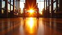 Empty wheelchair silhouette against dramatic sunset light streaming through window, casting long shadow on shiny floor. Healthcare and accessibility concept.
