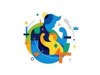 Abstract geometric composition with colorful overlapping shapes, circles and modern design elements for creative projects and branding materials.