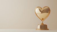 Golden heart-shaped trophy award on beige background, elegant achievement symbol for love, romance and success celebration.