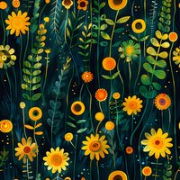 Seamless floral pattern with bright yellow sunflowers, orange blooms and green leaves on dark background. Repeating botanical design for fabric, wallpaper and wrapping.