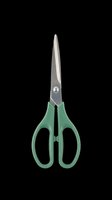 Pair of sharp scissors with green handles and stainless steel blades, isolated on transparent background. Ready for clipart, print-on-demand products, t-shirt designs, stickers, and sublimation projects.