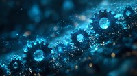 Glowing blue mechanical gears with sparkles and particles on dark background create futuristic technological concept for business and innovation designs.