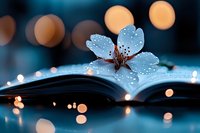 Delicate white flower with water droplets resting on open book pages with warm bokeh lights creating magical reading atmosphere for literature concepts.