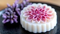 Handmade soap bars with decorative flower designs in pink and purple colors on dark slate surface for spa and skincare products.