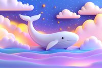 Dreamy white whale swimming in purple ocean waves under starry twilight sky with pink clouds and golden sunset glow, magical fantasy illustration.