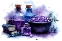 Mystical potion bottles with purple and blue liquids alongside ancient spell book and cauldron filled with crystals in watercolor style against ethereal background.