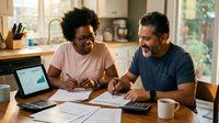 African American woman and Hispanic man reviewing financial documents together at kitchen table with laptop and coffee cups during home planning session.