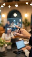 Man's hand interacting with a futuristic transparent holographic screen showing learning pathways in a modern coworking space.