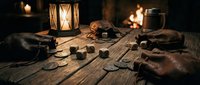 Medieval tavern table with lantern, dice, coins and leather pouches in warm candlelight atmosphere for fantasy gaming and historical storytelling projects.