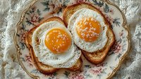 Two golden fried eggs on toasted bread slices served on vintage floral porcelain plate, breakfast meal ready to eat on white lace tablecloth background.
