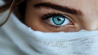 Close-up of bright blue eye with long eyelashes and expressive eyebrow, face partially covered with white textile fabric showing mystery and intrigue.
