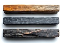 Rustic wooden and stone bars with rough natural texture isolated on white background. Ancient building materials showing weathered surface patterns.
