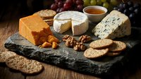 Gourmet cheese board with variety of artisanal cheeses, crackers, nuts, grapes and honey on dark slate serving platter for entertaining and appetizers.