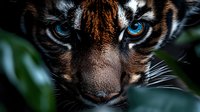 Close-up portrait of majestic tiger with piercing blue eyes and distinctive orange black striped fur pattern in natural jungle habitat for wildlife photography.