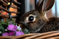 Close up portrait of brown rabbit with bright blue eye near pink flowers in wicker basket, soft natural lighting creates cozy spring atmosphere.
