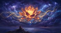 Mystical lotus flower glowing with golden flames surrounded by lightning and cosmic energy above serene waters with silhouetted figure in meditation pose.