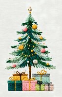 Embroidered Christmas tree with colorful ornaments and wrapped presents on natural linen background, festive holiday needlework design.