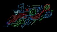 Neon sports equipment and athletes in futuristic digital circuit design on black background for technology and fitness themed projects.