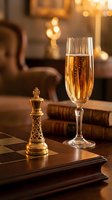 Elegant champagne flute with golden bubbles and ornate chess king piece on wooden table in warm luxury interior setting for celebration and success.