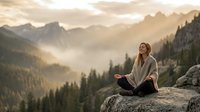 Young woman meditating on mountain peak at sunrise with misty valleys and forest landscape creating peaceful atmosphere for wellness and mindfulness practice.