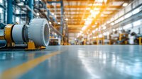 Industrial electric motor on manufacturing floor with yellow safety line and blurred warehouse background showing modern factory interior space.