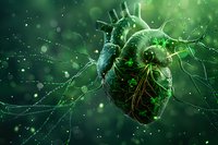 Futuristic anatomical heart visualization with glowing green neural connections and particles, perfect for medical technology and artificial intelligence concepts in healthcare.