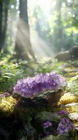Raw amethyst crystal cluster on moss-covered stone in mystical forest setting with ethereal sunbeams streaming through trees and morning mist creating magical atmosphere.