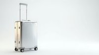 Silver aluminum suitcase with retractable handle and wheels on white background, isolated for travel and luggage design concepts.