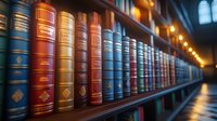 Row of vintage leather-bound books on wooden library shelf with dramatic lighting creating atmospheric perspective, spines showing in red and blue tones.