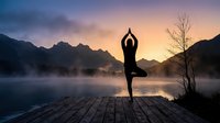 Silhouette of a woman practicing tree pose yoga on a wooden dock at misty mountain lake during dramatic sunset.