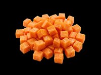 Pile of diced orange cheddar cheese cubes isolated on transparent background, ready for culinary design, food packaging, recipe graphics, cooking blogs, restaurant menus, and print-on-demand products.
