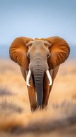 Majestic African elephant with large ears and tusks standing in golden savanna grassland during sunset with soft blue sky background for wildlife photography.