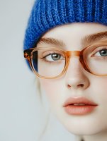 Close up portrait of young woman wearing blue knit beanie and transparent amber glasses, looking directly at camera against light background. Natural makeup and clear skin.