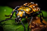 Macro photography of spotted orange beetle on green leaf showing detailed texture of insect shell, compound eyes and antennae in natural environment.