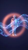 Digital human figure surrounded by glowing blue and orange energy waves on dark background. Represents technology, innovation, artificial intelligence, digital transformation, and futuristic concepts for business and science applications.