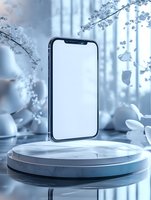 Modern smartphone mockup on marble podium surrounded by delicate white flowers in soft blue atmosphere. Blank screen for product presentation and app design.
