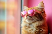 Stylish orange tabby cat wearing pink heart-shaped sunglasses against colorful bokeh background for trendy pet fashion and lifestyle concepts.