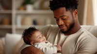Young African American father holding sleeping baby on couch at home, tender moment of paternal bonding and care. Peaceful parenting scene showing love and connection.