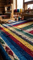 Traditional weaving loom with colorful handwoven textile in rustic workshop studio showcasing artisan craftsmanship and fiber arts production process.