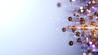 Magical glowing particles with golden sparkles and purple bokeh lights on soft gradient background create dreamy atmospheric effect.