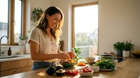 Young woman preparing healthy salad in modern kitchen with natural light, cooking fresh vegetables for nutritious meal at home.